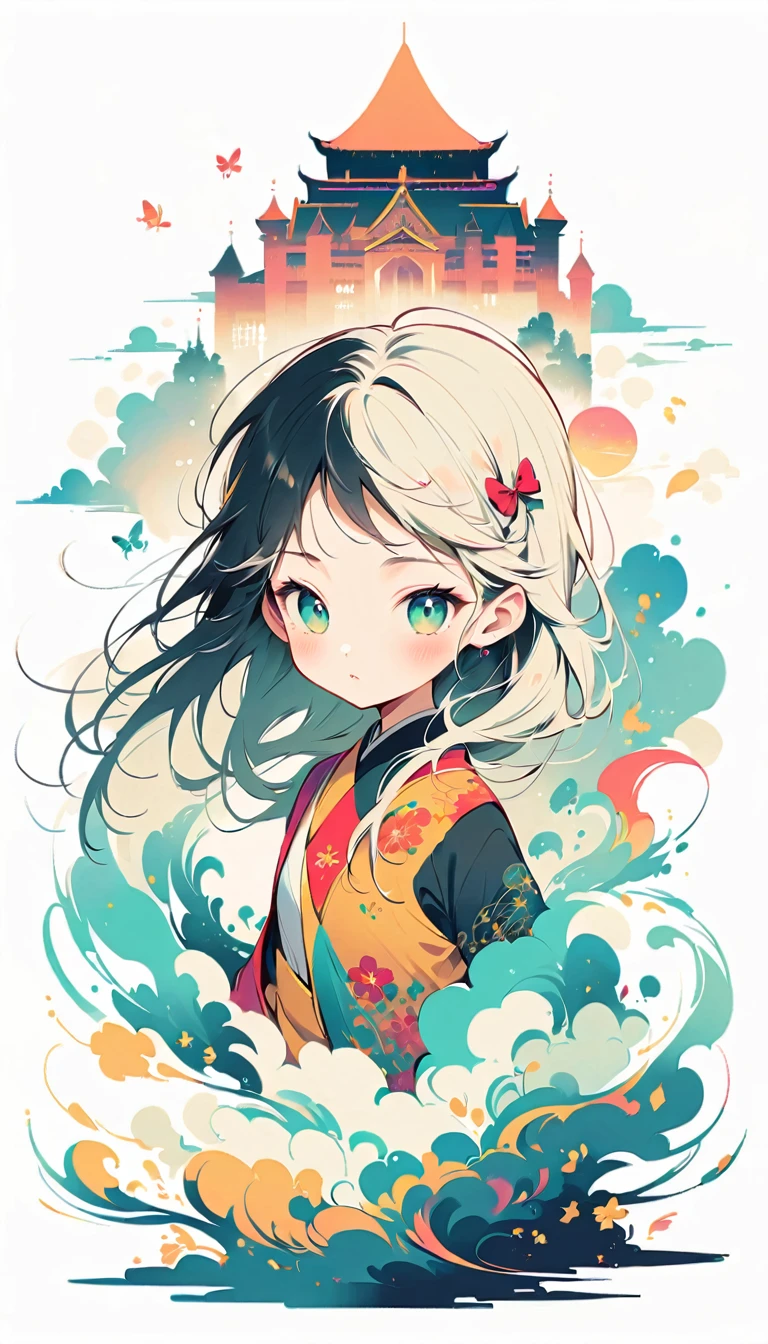 White background, Watase Seizo style, Ninja Assassin, Simple line initials, shining pupils, (((The Most Beautiful Girl))), 18 years old, palace background, vivid colors, whole body, black tone