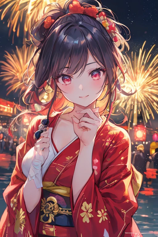 a beautiful woman wearing a red yukata, detailed hair tied up, yellow obi, night festival, fireworks bursting in the sky, blushing and smiling, fireworks reflected in sparkling eyes, (best quality,4k,8k,highres,masterpiece:1.2),ultra-detailed,(realistic,photorealistic,photo-realistic:1.37),studio lighting,extremely detailed face and eyes,longeyelashes,beautiful detailed lips,detailed face,beautiful skin,elegant pose,intricate details,vivid colors,dramatic lighting,glowing fireworks,sparkling night sky