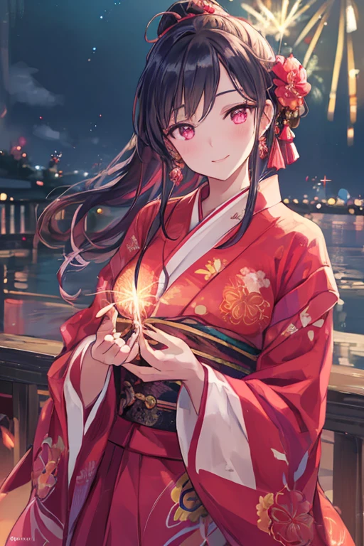 a beautiful woman wearing a red yukata, detailed hair tied up, yellow obi, night festival, fireworks bursting in the sky, blushing and smiling, fireworks reflected in sparkling eyes, (best quality,4k,8k,highres,masterpiece:1.2),ultra-detailed,(realistic,photorealistic,photo-realistic:1.37),studio lighting,extremely detailed face and eyes,longeyelashes,beautiful detailed lips,detailed face,beautiful skin,elegant pose,intricate details,vivid colors,dramatic lighting,glowing fireworks,sparkling night sky