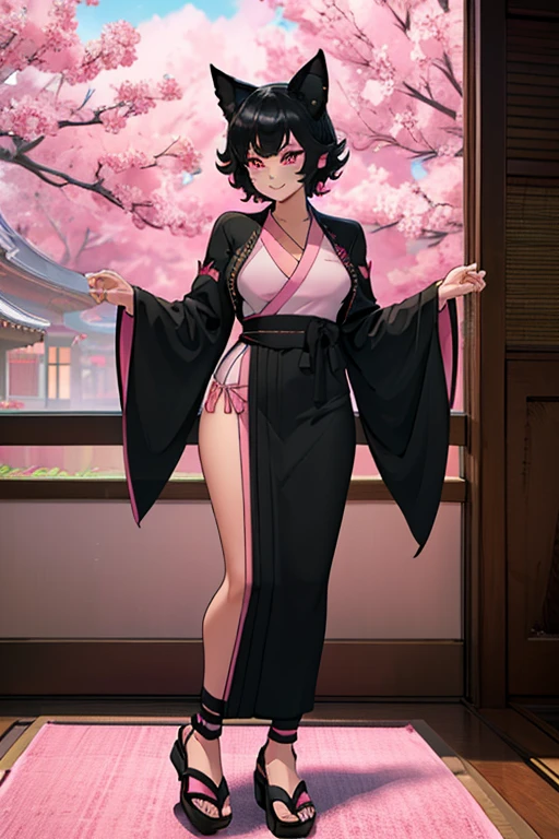 female, pink short hair, red eyes, black cat ears, pink cat tail, (((1girl))), (((pink and black kimono))), (black Japanese sandals), cute and sexy, full body, modest breasts, long legs, smiling