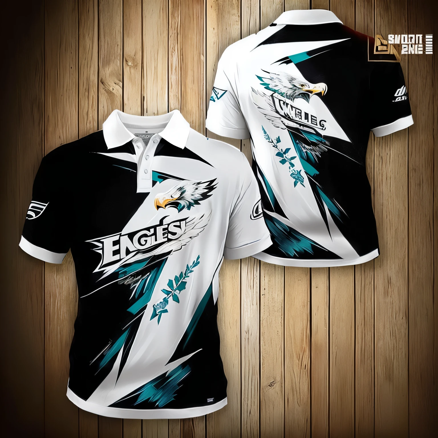 a closeup of a shirt with a design, Eagles, white and teal garment, short sleeves, Shocking, Bowled over, diseño Shocking, with a dark teal polo shirt, T-shirt, fascinating, mesmerizing, good looking, pleasant, incredible, Wear a polo shirt, sportswear, sports t-shirt, sportswear, diseño de T-shirt, Nice design, Eagle Wings, I want a different approach to this design with the V neck