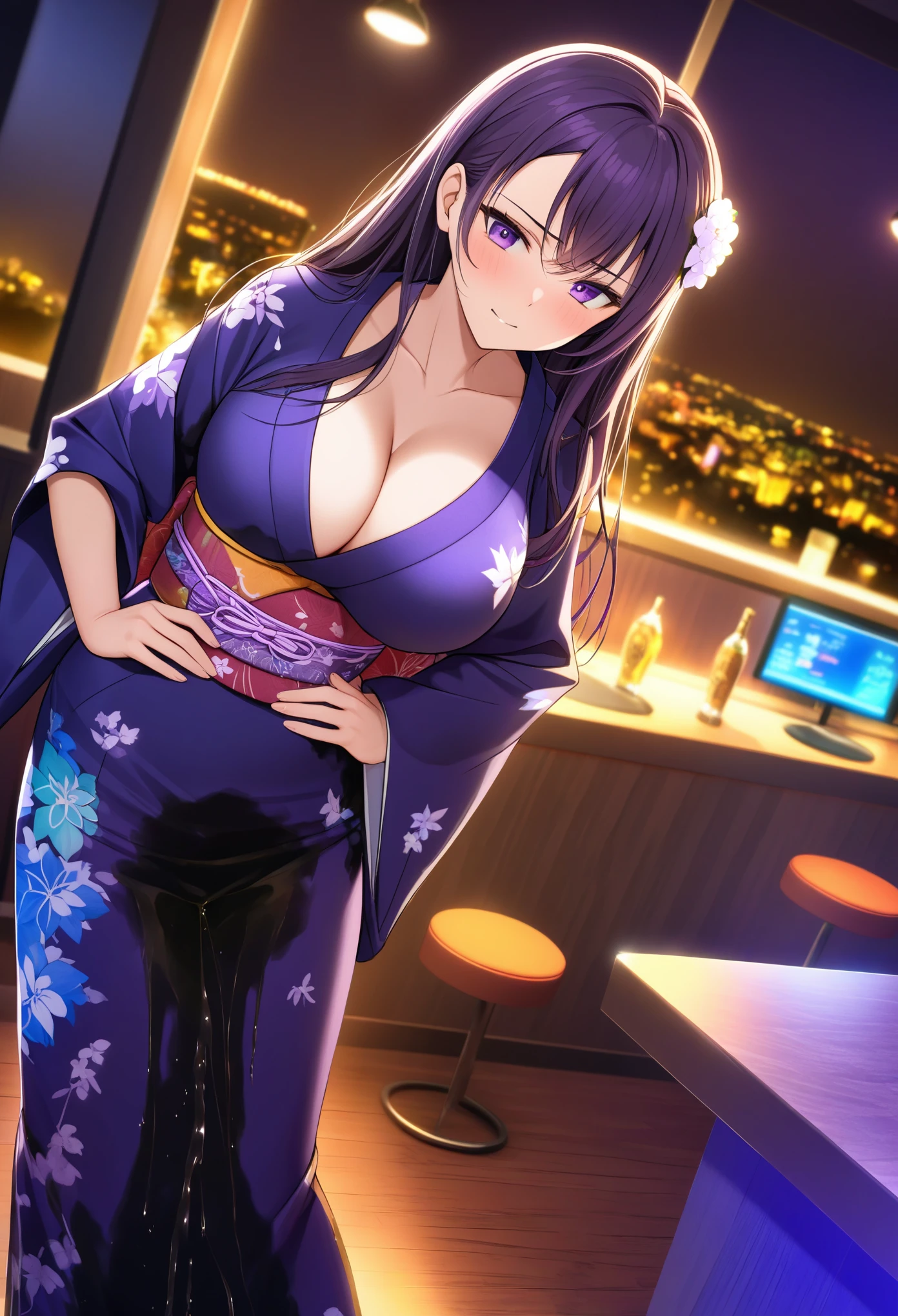 woman, very dark purple hair, purple eyes, long hair, large breasts, skinny, mature figure, (kimono:1.5), standing, (wetting herself:1.5), best quality, ultra-detailed, HDR, studio lighting, professional, vivid colors, sharp focus, bokeh, landscape, love hotel, bar counter, night, window, cityscape, colorful city, neon lights, soft lighting, dynamic shadows, embarrassed, humiliation, blushing, angry, facing viewer, (hands on hips:1.5)