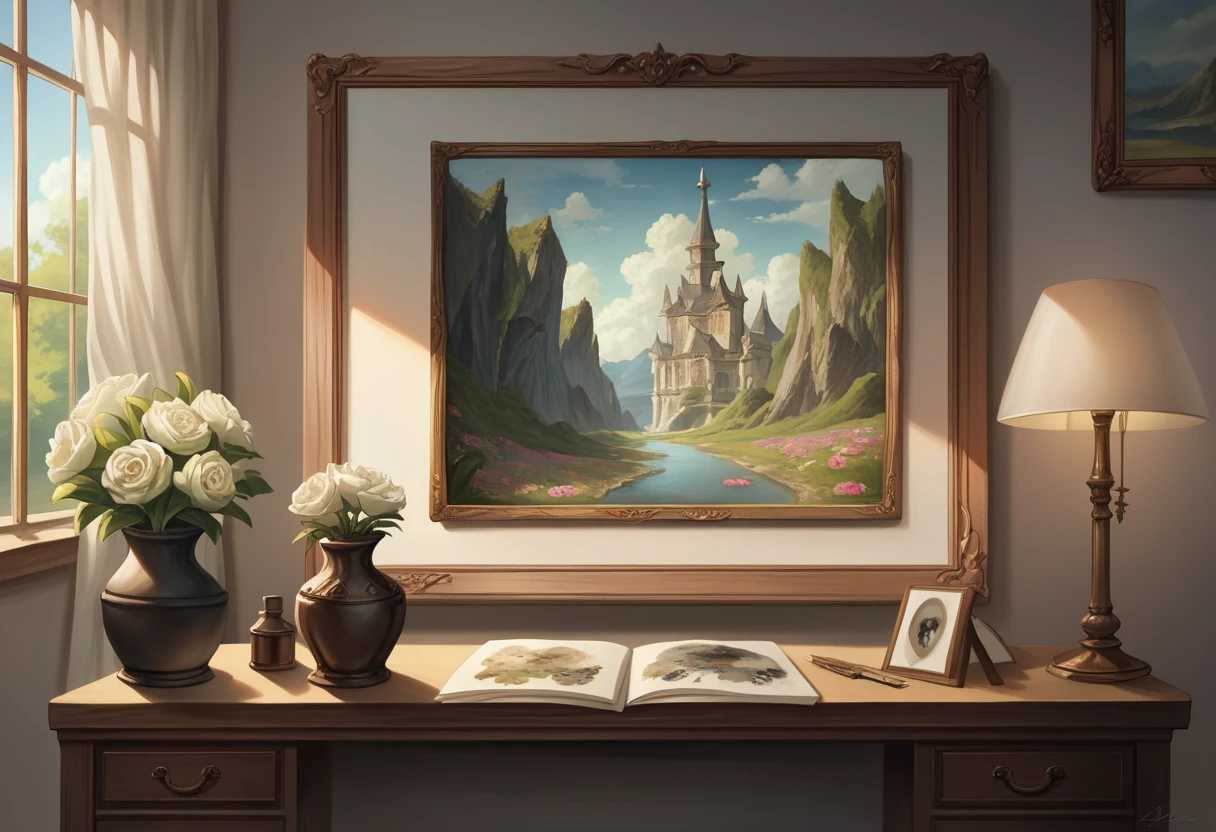 painting of a desk with a lamp, a vase, a vase of flowers, and a window, detailed painting 4 k, detailed realism in painting, detailed 4 k oil painting, 8 k hd detailed oil painting, super detailed oil painting, very detailed painting, highly detailed painting, highly detailed 4 k painting, 4 k highly detailed art, extremely detailed painting