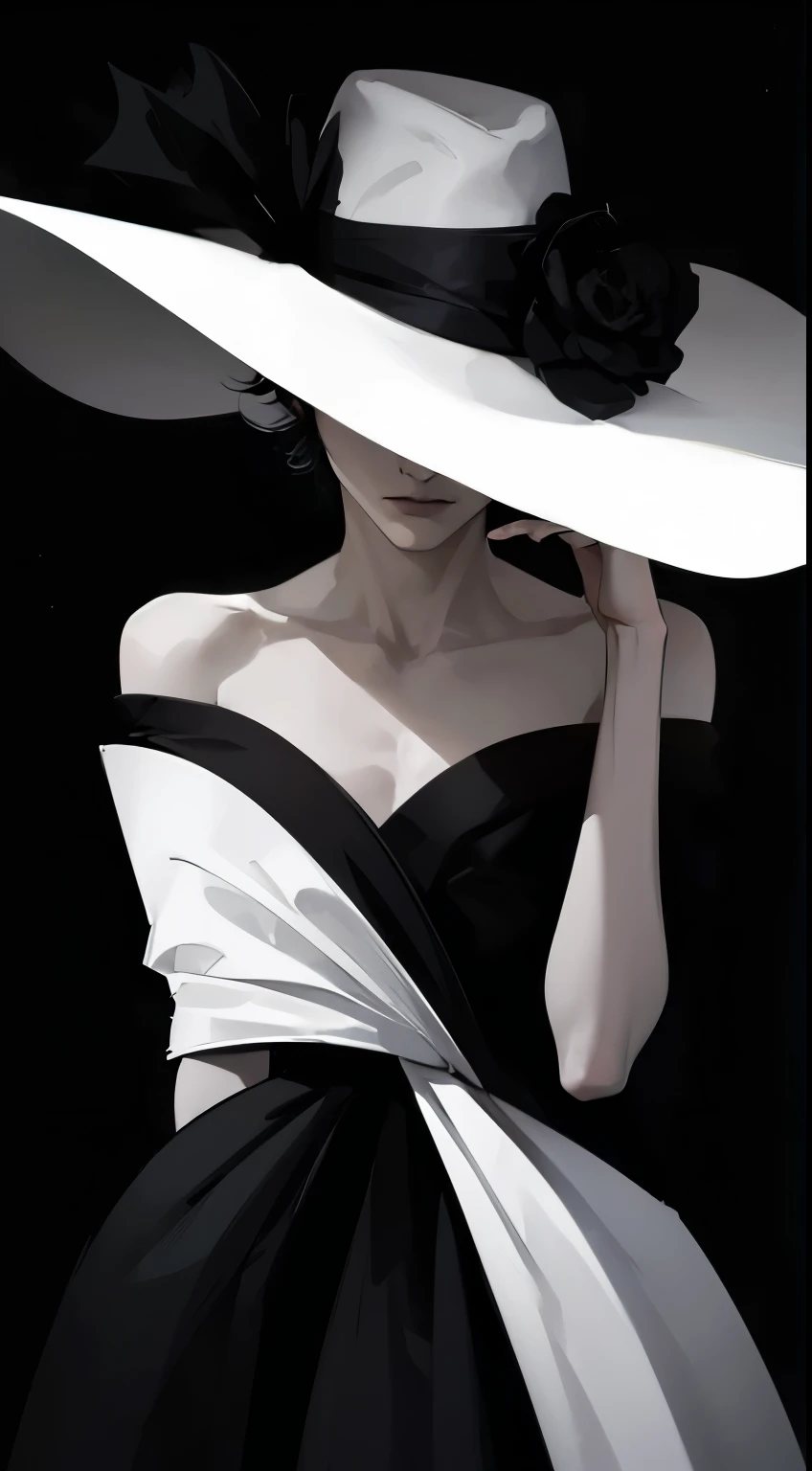 a man, (male face), wearing floppy hat, with head tilted down and hat covering eyes, pale skin, black hair, highly detailed, cinematic lighting, icon style, sensual, dark