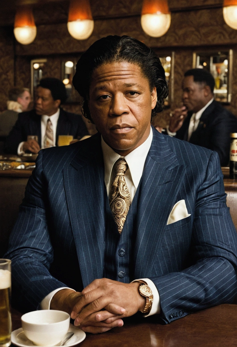American gangster，Oil head，Sitting in a restaurant and celebrating，White