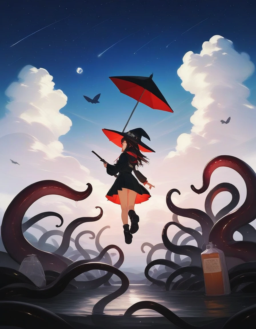(Fraction_9,Fraction_8_up,Fraction_7_up,Fraction_6_up,Fraction_5_up,Fraction_4_up),1girl,have,witch_have,long_hair,Sky,Tentacles,Solitary,skirt,Keep,Star_(Sky),cloud,witch,Black_Headdress,scylla,long_sleeve,monster_girl,Black_skirt,Keep_umbrella,floating_hair,Starry_Sky,umbrella,Red_hair,floating,Keep_Sticks,Suck_cups,from_behind,Sticks,full_Body,outdoor,
