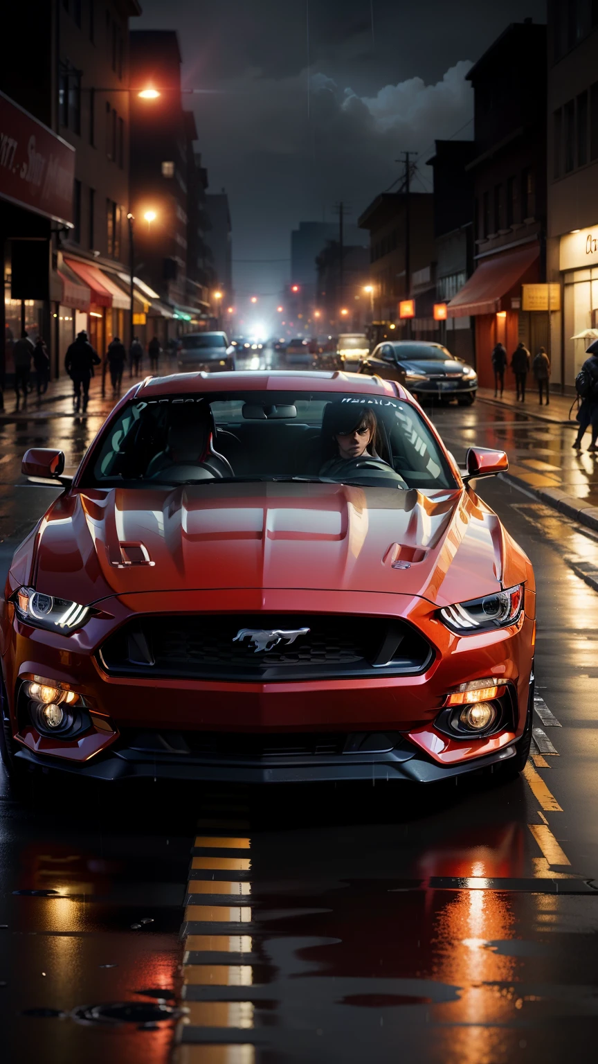 1 Mustang, red, At night, the city lights shine in the rain