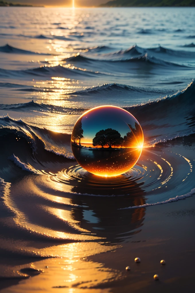 macro, Very large water scene, A distant view, Breathtakingly beautiful, A single ball of light is shot high into the sky from the water's surface., A tranquil landscape with brightly shining water, Intricate detail and realistic shading. The surroundings must be calm, With a hint of mystery and silence. Moonlit Night, Artwork should evoke a sense of awe and wonder. solve: 8k.