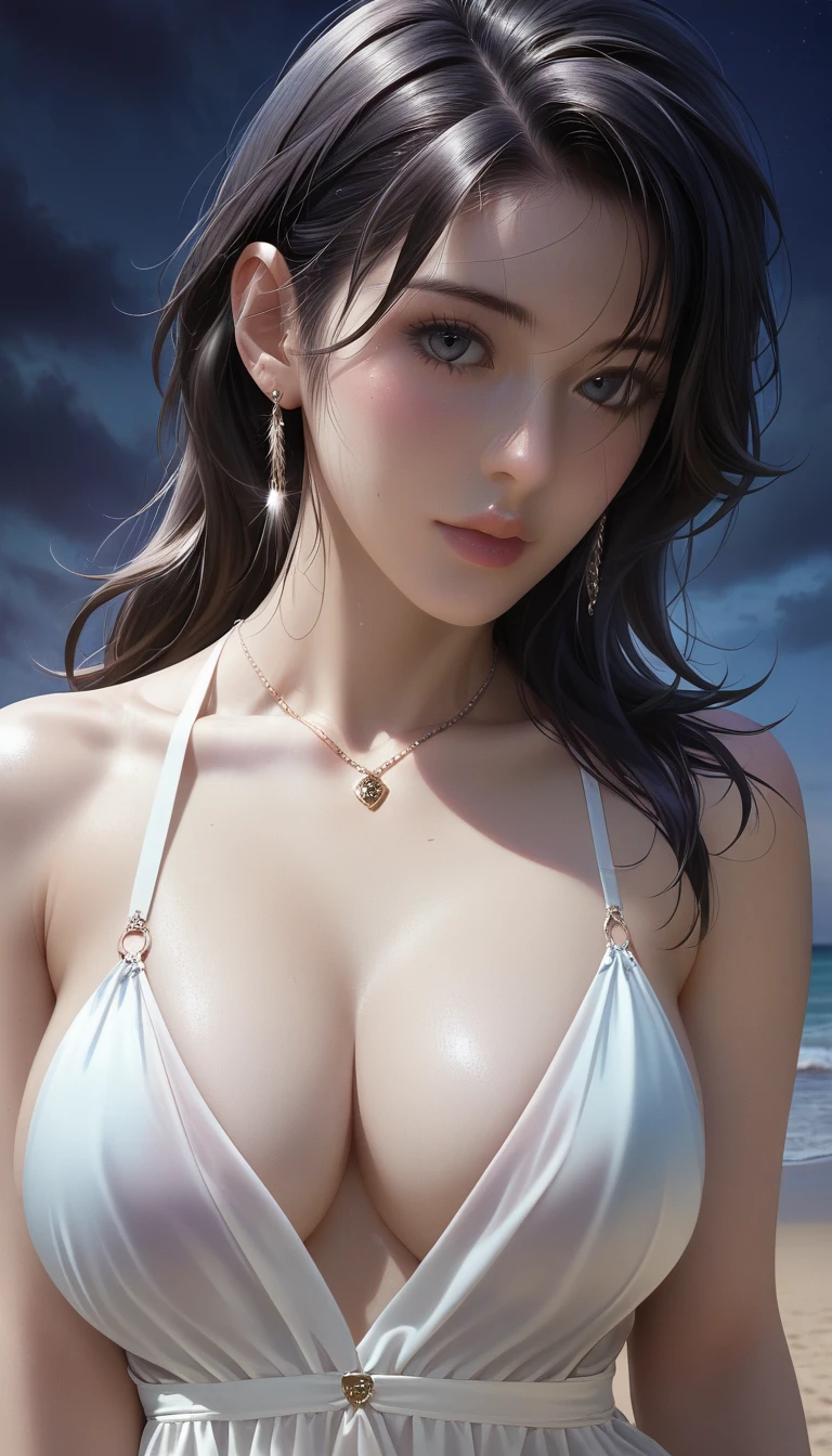 score_9, score_8_superior, score_7_superior, Masterpieces with up to 16K resolution,Highest quality,it is really amazing,Very detailed,Ultra-high resolution,(Ultra-realistic:1.1),(Realistic:1.1),Increased depth of field,Cinematic lighting,
Elegant Japanese MILF,
Long black hair,Ultra-detailed and beautiful face,Translucent white skin,Realistic skin texture,
(Elegant swimwear:1.1),
Bold design,Artistic design,Beautiful and detailed pattern,Detailed fabric texture,
Gorgeous necklace,Earrings,
(Deserted beach at night:1.4),(Dark night sky with dark clouds:1.4),
(Dramatic Angle:1.1),