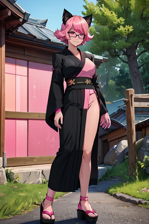 female, pink short hair, red eyes, black cat ears, pink cat tail, (((1girl))), (((pink and black kimono))), (black Japanese sandals), (pink tinted glasses), cute and sexy, full body, modest breasts, long legs, smiling