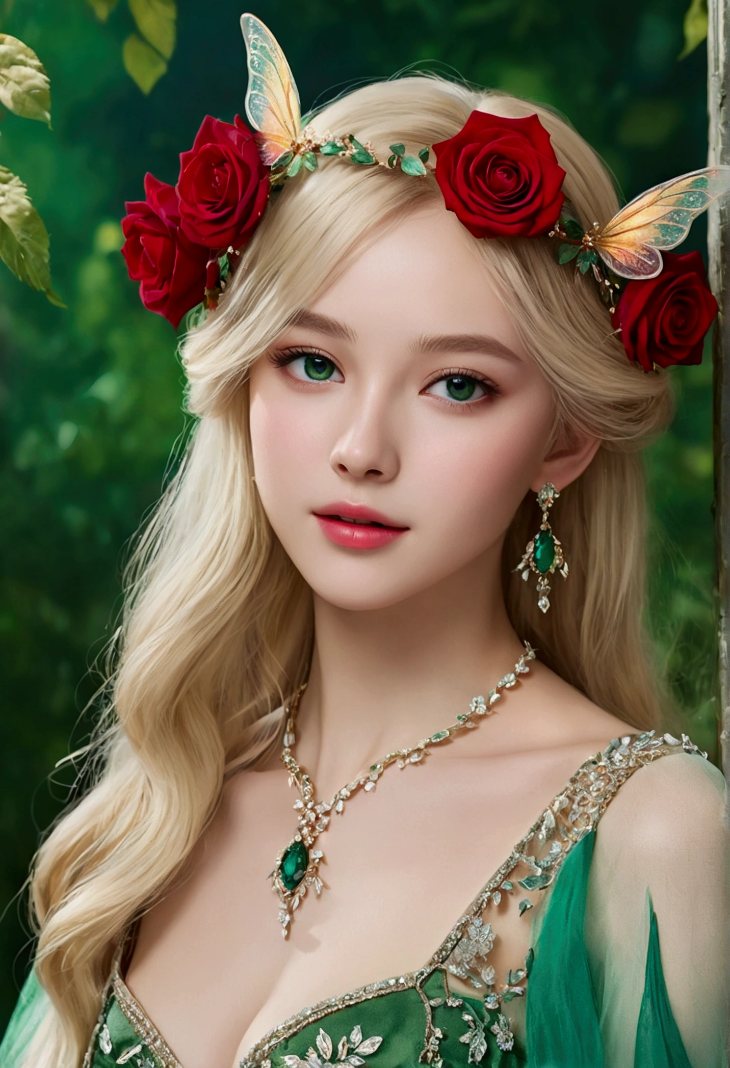 professional full body photo, (4k Photo:1.1),highest quality、High resolution、Super detailed、masterpiece、(Live shooting:1.5)、real:1.5、photorealistic:1.5、very delicate and beautiful、fine details、(european:1.4)、(spread your legs:1.1)、Portrait of an elegant and beautiful fairy、She is in harmony with nature、Possesses a fairy-like beauty、Clear and glowing skin、emerald green eyes、(delicate and soft blonde hair)、Light, feather-like hair ornaments and accessories、Elegant and flowing fairy-like clothing、A background that blends into nature, small red roses,