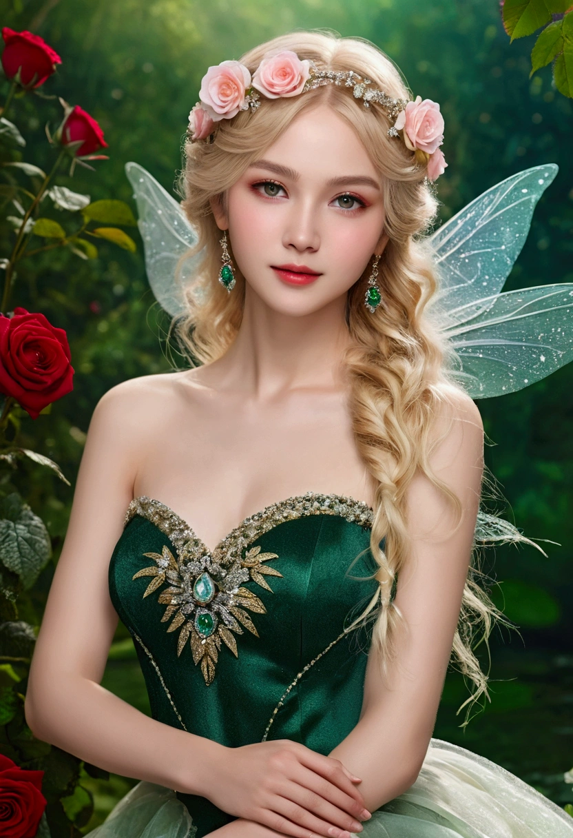 professional full body photo, (4k Photo:1.1),highest quality、High resolution、Super detailed、masterpiece、(Live shooting:1.5)、real:1.5、photorealistic:1.5、very delicate and beautiful、fine details、(european:1.4)、(spread your legs:1.1)、Portrait of an elegant and beautiful fairy、She is in harmony with nature、Possesses a fairy-like beauty、Clear and glowing skin、emerald green eyes、(delicate and soft blonde hair)、Light, feather-like hair ornaments and accessories、Elegant and flowing fairy-like clothing、A background that blends into nature, small red roses,