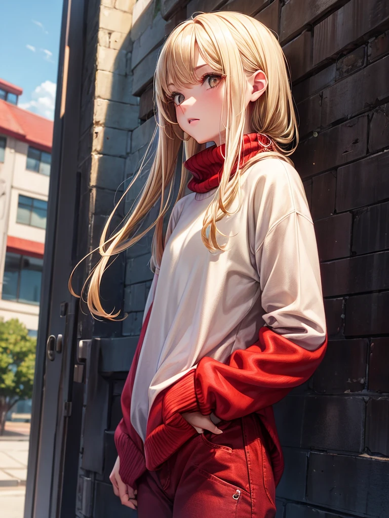 1girl, , red sweater, jeans, straight blonde bobbed short neat longer on the right, brown eyes, short, nextdoor, friendly, lanky girl, outdoors, dark, lazy looking