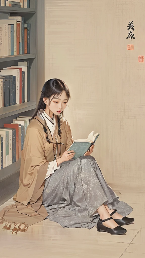 Arav woman sitting on the floor and reading a book, author：Qiu Ying, Mei Qing, Zhou Fang, author：Qian Xuan, author：Ma Yuanyu, author：Xu Xi, author：Yang J, Book Portrait, author Qian Gu, Inspired by Zhan Ziqian, by Li Zai, author：Ye Xin, by Li Fangying