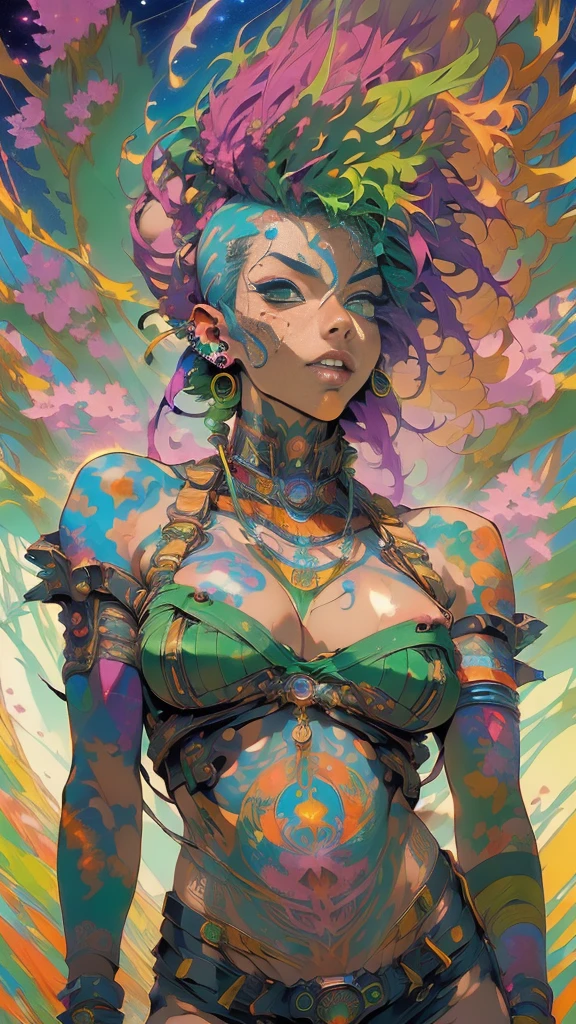 (NSFW:1.4), (masterpiece, top quality, best quality, official art, beautiful, cosmic, atmospheric, psychedelic, dreamlike and aesthetic:1.2), (1girl, green punk rock mohawk hair, tons of tattoos and piercings, super huge enormously gigantic tits), extreme detailed,(fractal art:1.3),colorful,highest detailed, cherry blossoms and butterflies blowing in the wind