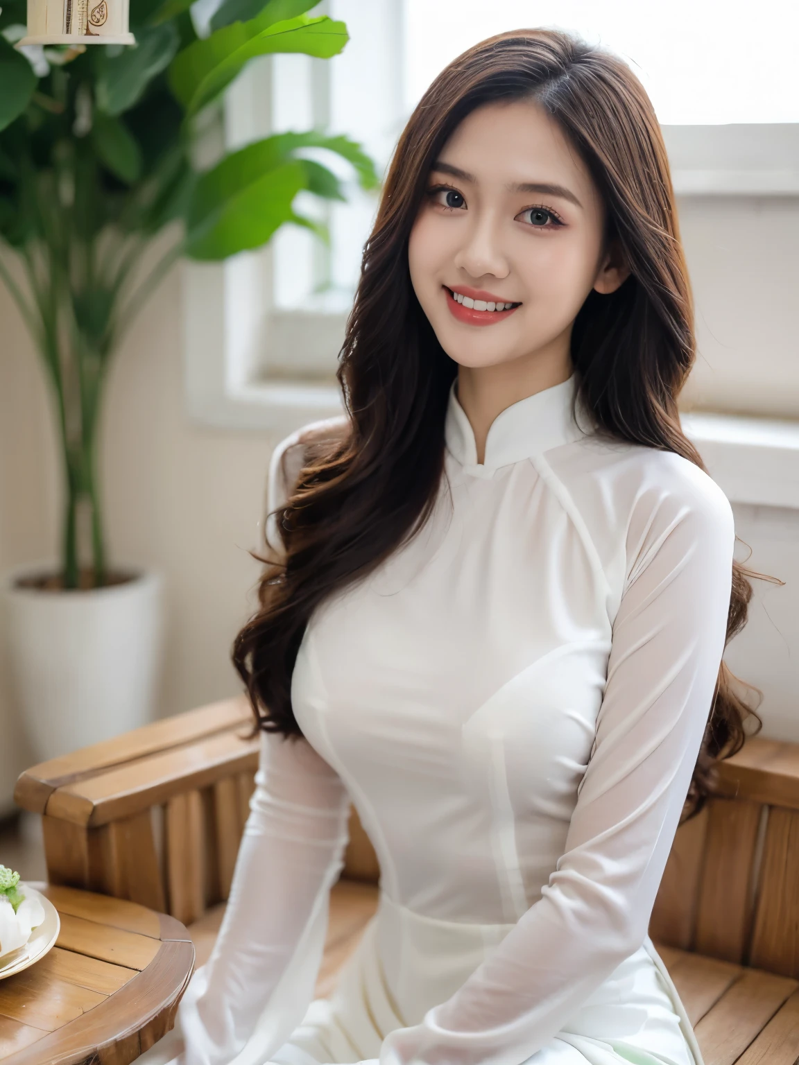 VIETNAM BEAUTIFUL GIRL WEAR GREEN AODAI, AO DAI COSTUME, VIETNAMESE, tet holiday in vietnam, 4k, masterpiece, stunning beautiful idol detailed face, all body, (vietnam model girl), nsfw, sexy, see-though clothes, light smile, make up, big