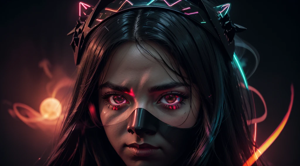 angel of death wearing a masked glowing neon light, in black street clothes wearing a crown, city in fire and stars falling from the sky, full red moon, neon sun on fire, high detail, wide shot, 4K, 3D, REALISTIC, (iridescent glow smoke), UHD, 32K, very bold neon colors, black light, neon light