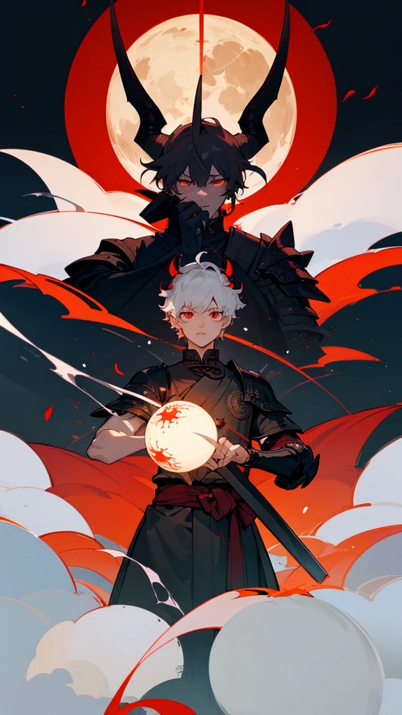 White short curly hair、Hold the sword、full moon、torii、Burning eyes、black armor men、Demon Horns、A swallow holding a flower、Tai Chi Magic Circle