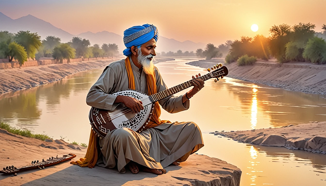 Shield of David,Indian,Turbaned Master,Old man playing the sitar,On the banks of the Indus River,dawn,dark