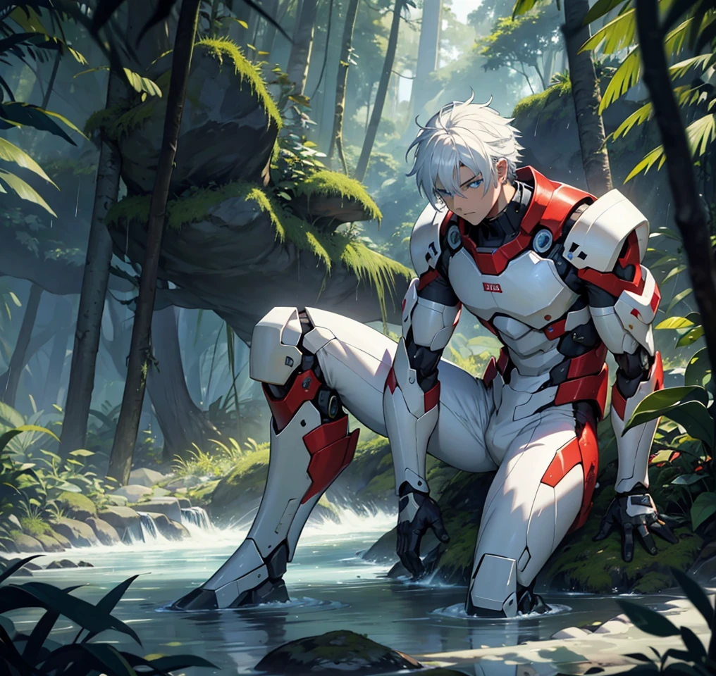 16 year old boy white hair-blue eyes, lying in the jungle watching riba bathed in blood with swords in his legs and chest, with mecha suit, bejetation,forest, calida 200k