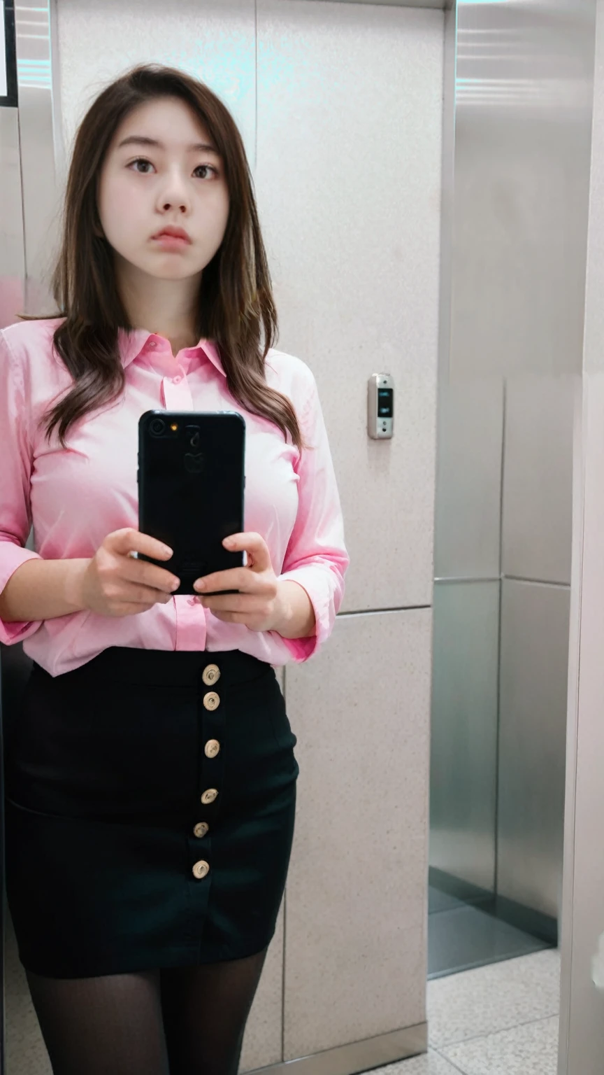 Pink button-up shirt with all the buttons open,Pink blazei is visible,mini skirt,Inside the elevator,Selfie