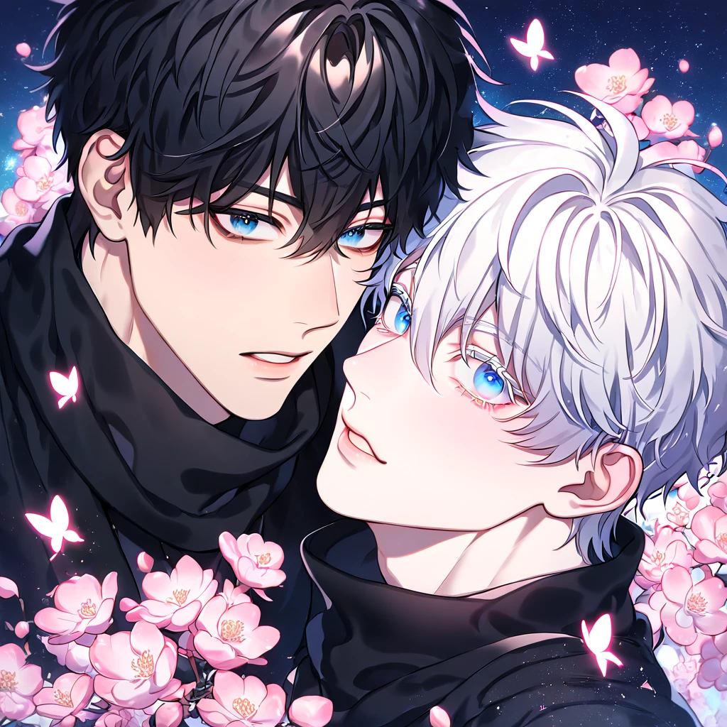 absurdres, highres, ultra detailed, HDR, master piece, best quality, extremely detailed face, delicated features, Kang Woojin, black hair, messy hair, expressive dark blue eyes, Love Jinx, Gojou Satoru, white hair, expressive blue eyes, white eyelashes, two sexy men together, gay couple, yaoi, handsome, black coat, black sweater, black scarf, fantasy, magical, radiant, blossoms, pink flowers, pink butterflies, starry night, shining pink moon