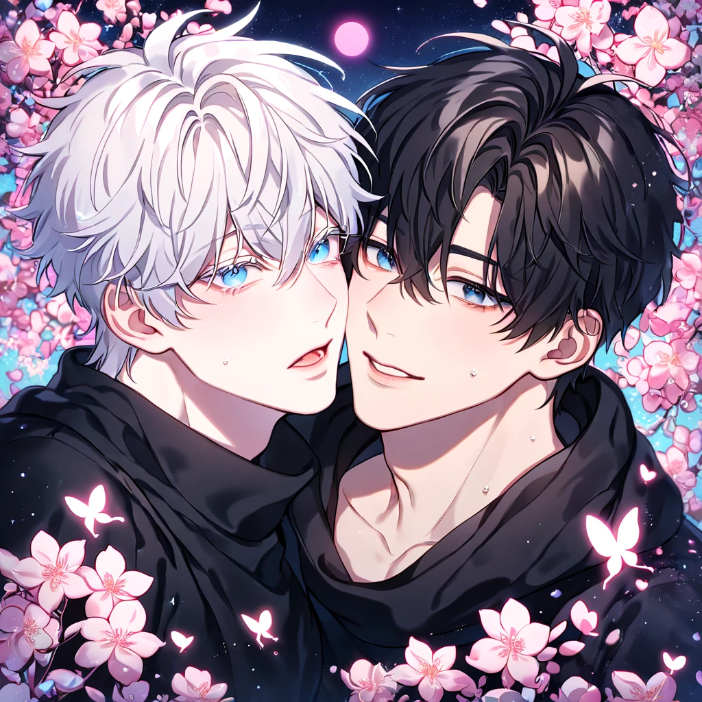 absurdres, highres, ultra detailed, HDR, master piece, best quality, extremely detailed face, delicated features, Kang Woojin, black hair, messy hair, expressive dark blue eyes, Love Jinx, Gojou Satoru, white hair, expressive blue eyes, white eyelashes, two sexy men together, gay couple, yaoi, handsome, black coat, black sweater, black scarf, fantasy, magical, radiant, blossoms, pink flowers, pink butterflies, starry night, shining pink moon