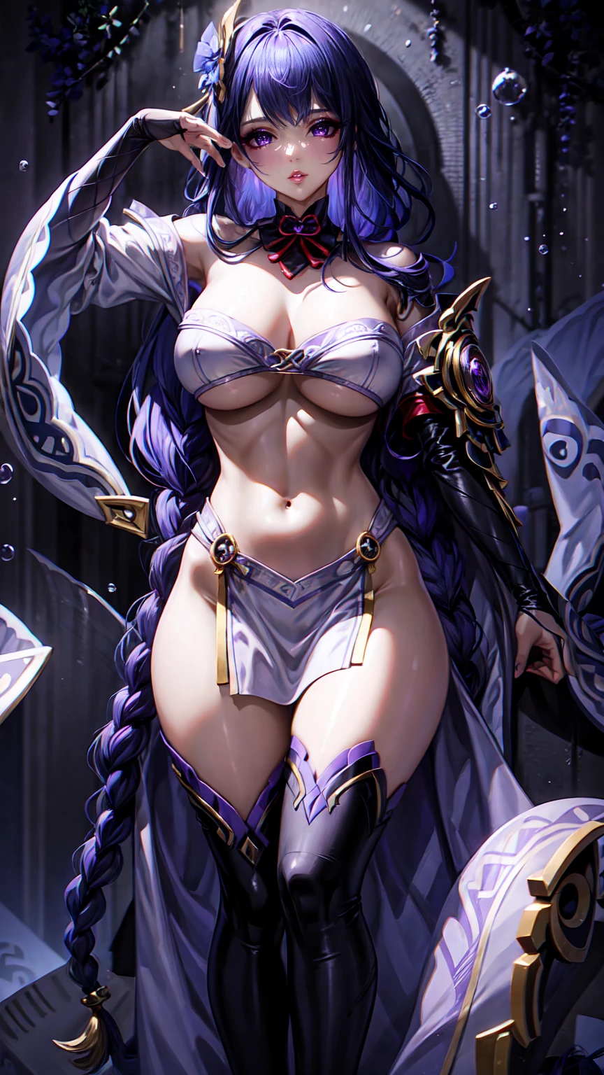16K, Ultra High Definition, Super detailed, Shiny detailed hair, detailed face, fantasy landscape, solo, looking at viewer, full body shot, {{best quality}}, {{masterpiece}}, {{ultra-detailed}}, {detailed light}, ultra high quality eyes, detailed eyes, perfect eyes, large eyes, detailed purple eyes, beautiful lips, purple hair, long hair, Micro top / bandeau / beltbra, beautiful, skinny body, white skin, slutty, erotic, suggestive, ((nsfw))