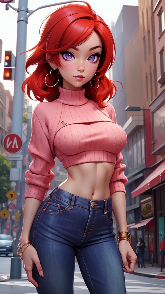 (Masterpiece, Best Quality, High Quality),(no NSFW),Nishikino maki, Red hair, purple eyes, cowboy shot,low waisted pants, tight ,(sweater crop top), (sexy stomach), detailed belly, midriff, big breasts,looking at viewer,  earrings,in street