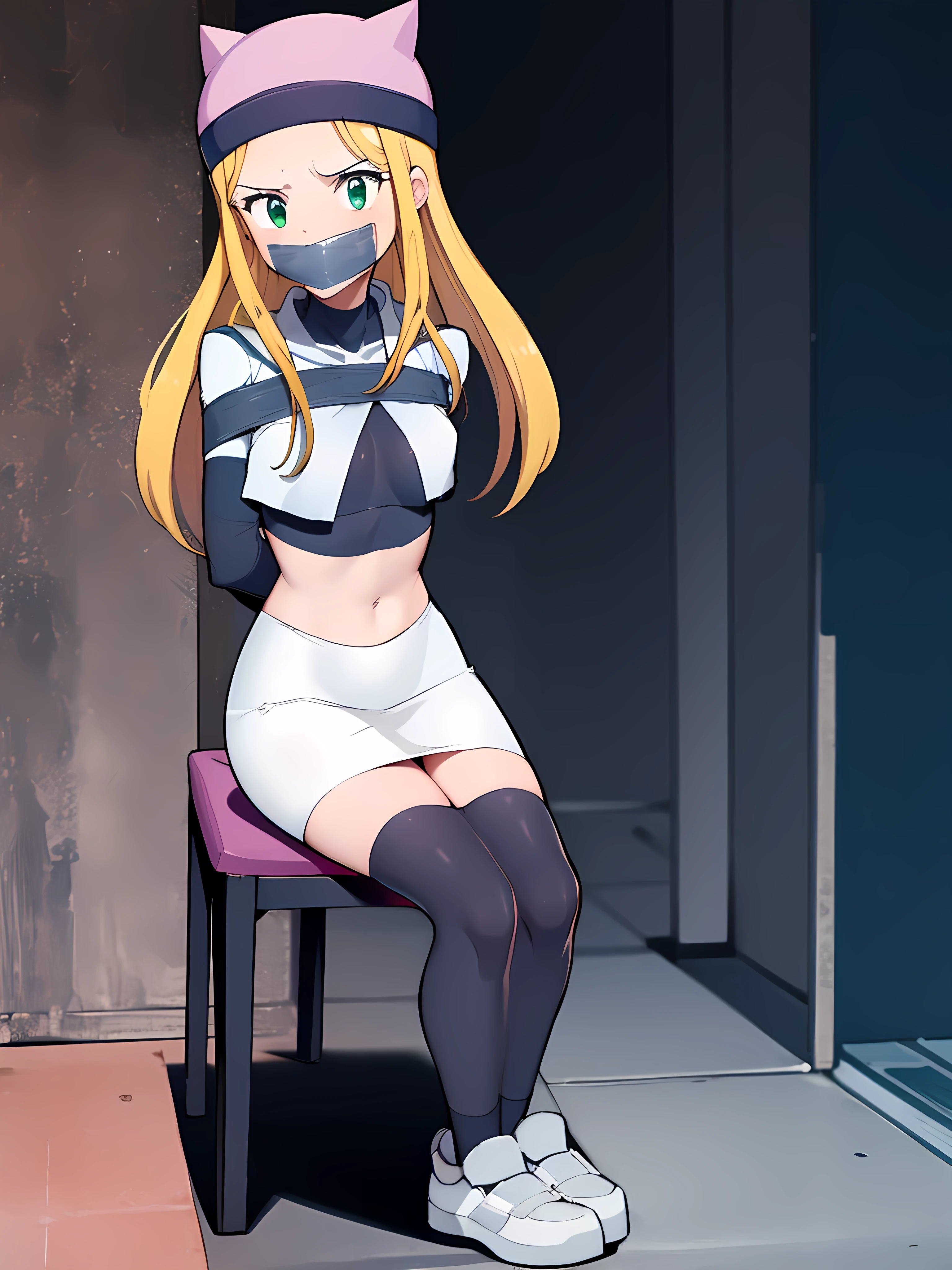 masterpiece, Best Quality, Izumi\(digimon\), green eyes, by the wide, 1 girl, large size chest, Alone, Team Rocket,Team Rocket uniform, red letter R, White skirt,White crop top,black thigh high stockings,black elbow length gloves, white cat hat, seated, Love, Lovegag, gagged, Love on the mouth, tied, tied, tied up, , tied hands, Hands behind the back, tied ankles, tied to a chair.