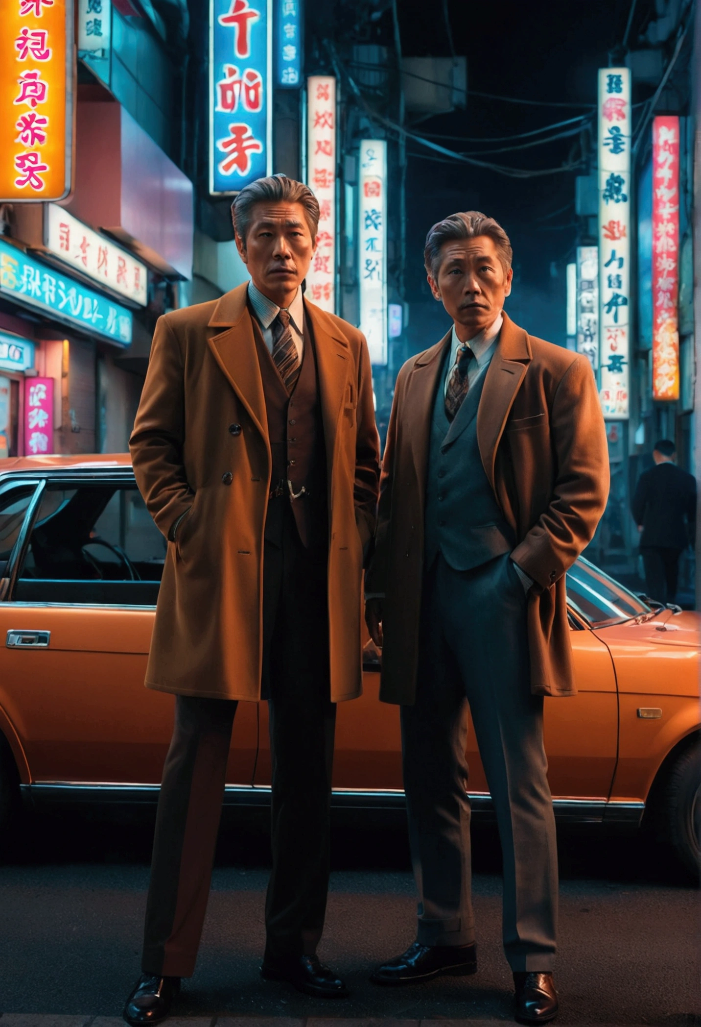 2 middle-aged charming detectives look cool, In Tokyo, Neon lights, smokes, There was smoke everywhere, Wearing brown, looks mystery, high quality, High Detail, 8K, Standing in front of two cars