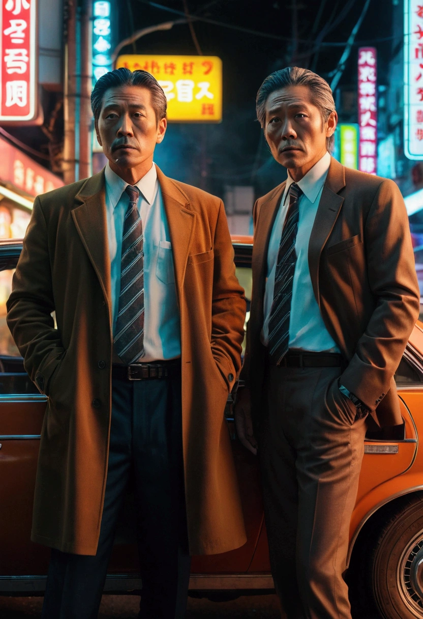 2 middle-aged charming detectives look cool, In Tokyo, Neon lights, smokes, There was smoke everywhere, Wearing brown, looks mystery, high quality, High Detail, 8K, Standing in front of two cars