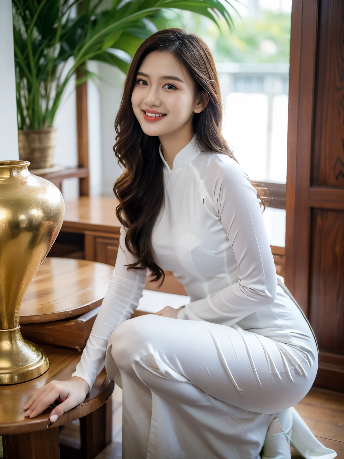 VIETNAM BEAUTIFUL GIRL WEAR GREEN AODAI, AO DAI COSTUME, VIETNAMESE, tet holiday in vietnam, 4k, masterpiece, stunning beautiful idol detailed face, all body, (vietnam model girl), nsfw, sexy, see-though clothes, light smile, make up, big 