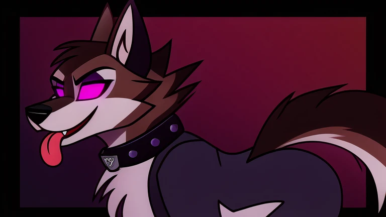 (masterpiece, best quality:1.2), Vortex hellhound, wolf, furry, brown fur, helluva boss, glowing purple eyes, tongue out, using a gray latex suit, and a black techno collar, marching on all fours, jungle background, profile picture