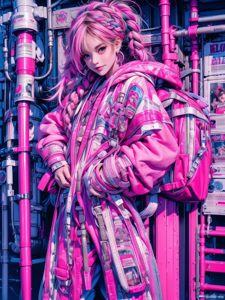 High quality, high resolution, one beautiful girl, pink and blue braids, inkjet, school rooftop, holding Splatoon inkjet gun, full body