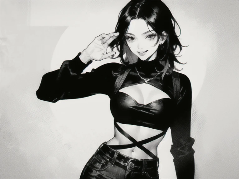 high quality, high definiion, 4k, 8k, HD, 1girl, 1female, solo, (((beautiful kpop girl with rizz smile face))), beautiful face, sexy  body, thin waist, medium breast, awesome, black, black hair, tattoos on hands and neck, piercing, black mixed gray striped sweater, (((cool and badass pose))), smoke background, monochromatic