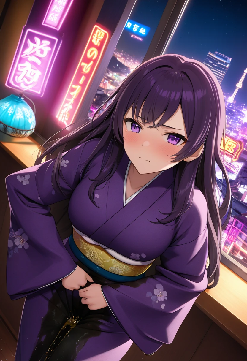 woman, very dark purple hair, purple eyes, long hair, large breasts, skinny, mature figure, furisode, (kimono:1.5), standing, (wetting herself:1.5), best quality, ultra-detailed, HDR, studio lighting, professional, vivid colors, sharp focus, bokeh, landscape, love hotel, bar counter, night, window, cityscape, colorful city, neon lights, soft lighting, dynamic shadows, embarrassed, humiliation, blushing, angry, facing viewer, (hands on hips:1.5)