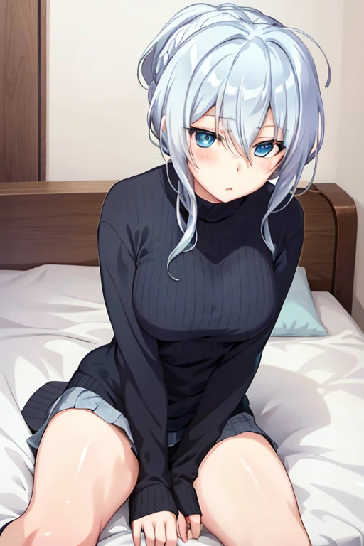 Yukino, sitting on a bed with her legs crossed, seductive anime girl, silver hair and blue eyes, attractive anime girl, cute anime girl, anime girl, sitting on her bed, (anime girl), anime best girl, sitting on a bed, sitting on the bed, an anime girl, pretty anime girl