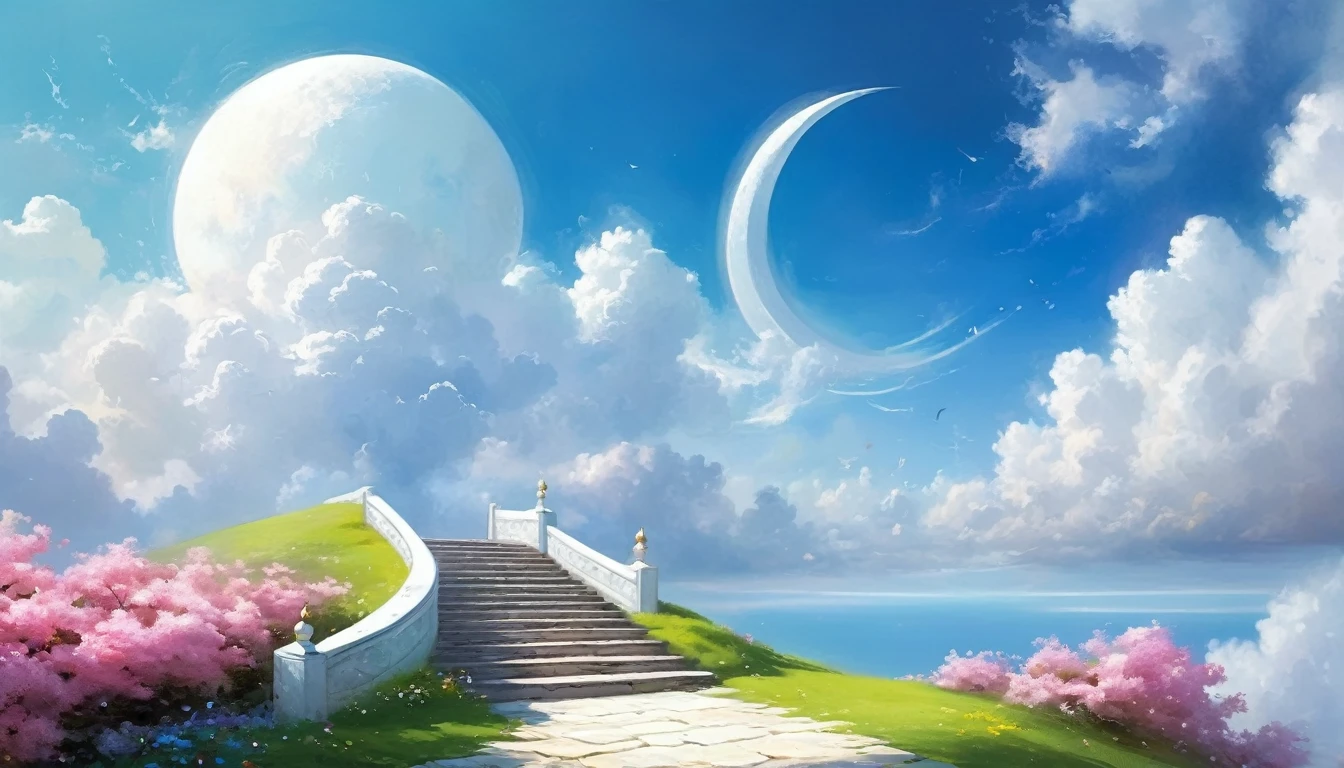 painting,Volume sense,A beautiful ethereal landscape, a long white cloud staircase leading to a door in a quiet blue sky, fluffy soft white clouds,Small Crescent, like a dream, fantastic, (best quality, 4K,8K, high resolution, Masterpiece :1.2), very detailed, (practical, photoppractical, Photo practical :1.37), landscape, fantasy, Dramatic lighting, bright colors, quiet, calming, calming, ethereal atmosphere