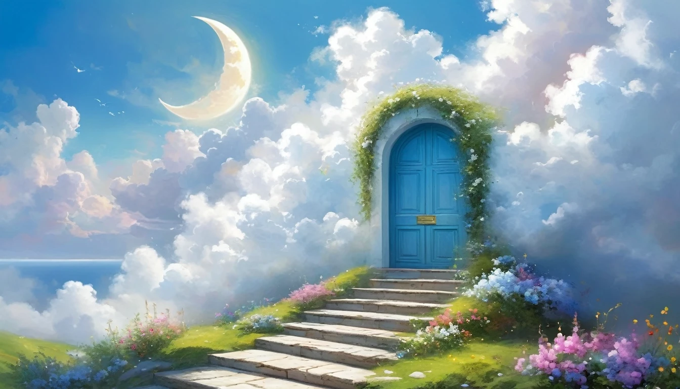 painting,Volume sense,A beautiful ethereal landscape, a long white cloud staircase leading to a door in a quiet blue sky, fluffy soft white clouds,Small Crescent, like a dream, fantastic, (best quality, 4K,8K, high resolution, Masterpiece :1.2), very detailed, (practical, photoppractical, Photo practical :1.37), landscape, fantasy, Dramatic lighting, bright colors, quiet, calming, calming, ethereal atmosphere