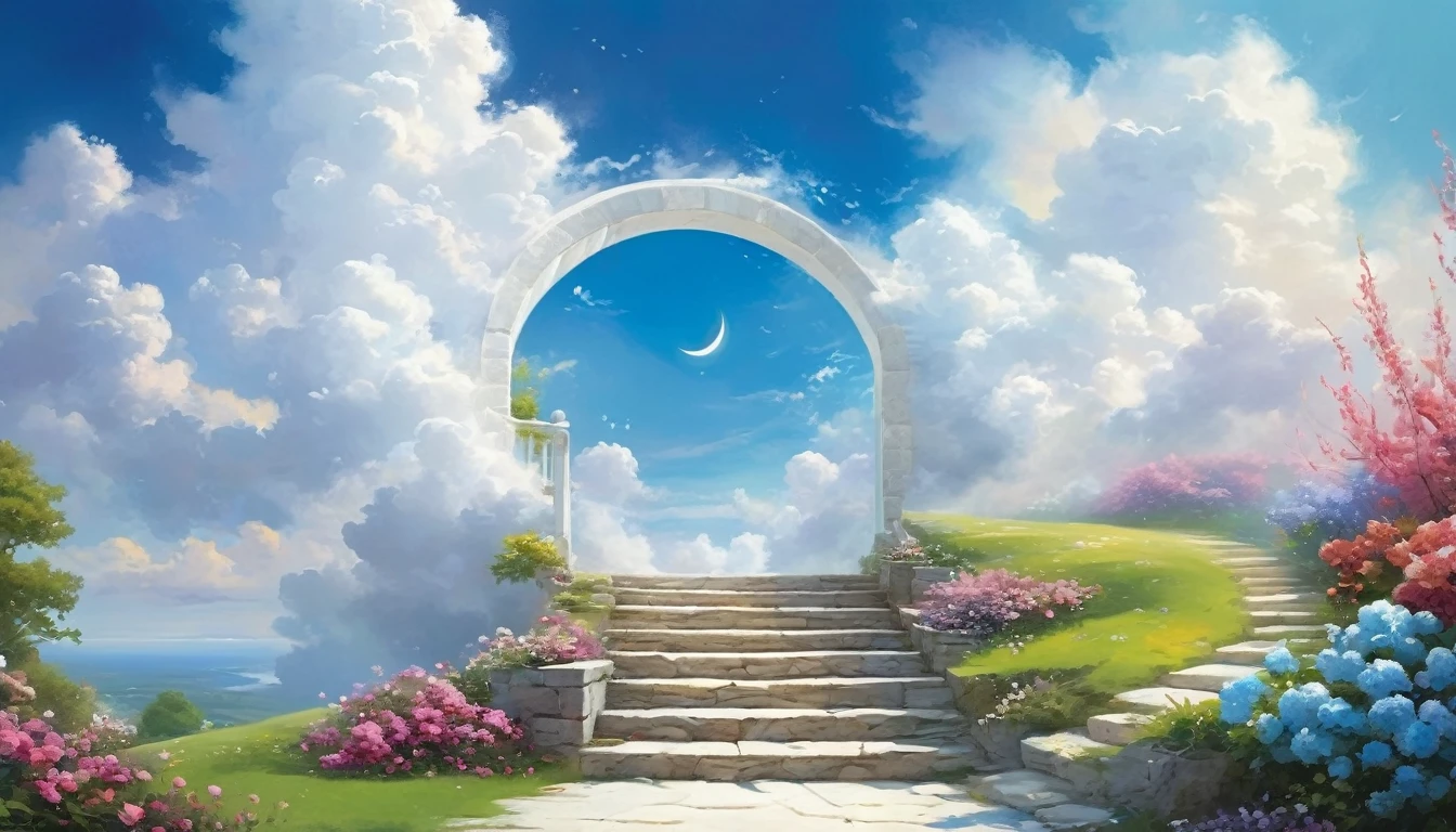 painting,Volume sense,A beautiful ethereal landscape, a long white cloud staircase leading to a door in a quiet blue sky, fluffy soft white clouds,Small Crescent, like a dream, fantastic, (best quality, 4K,8K, high resolution, Masterpiece :1.2), very detailed, (practical, photoppractical, Photo practical :1.37), landscape, fantasy, Dramatic lighting, bright colors, quiet, calming, calming, ethereal atmosphere