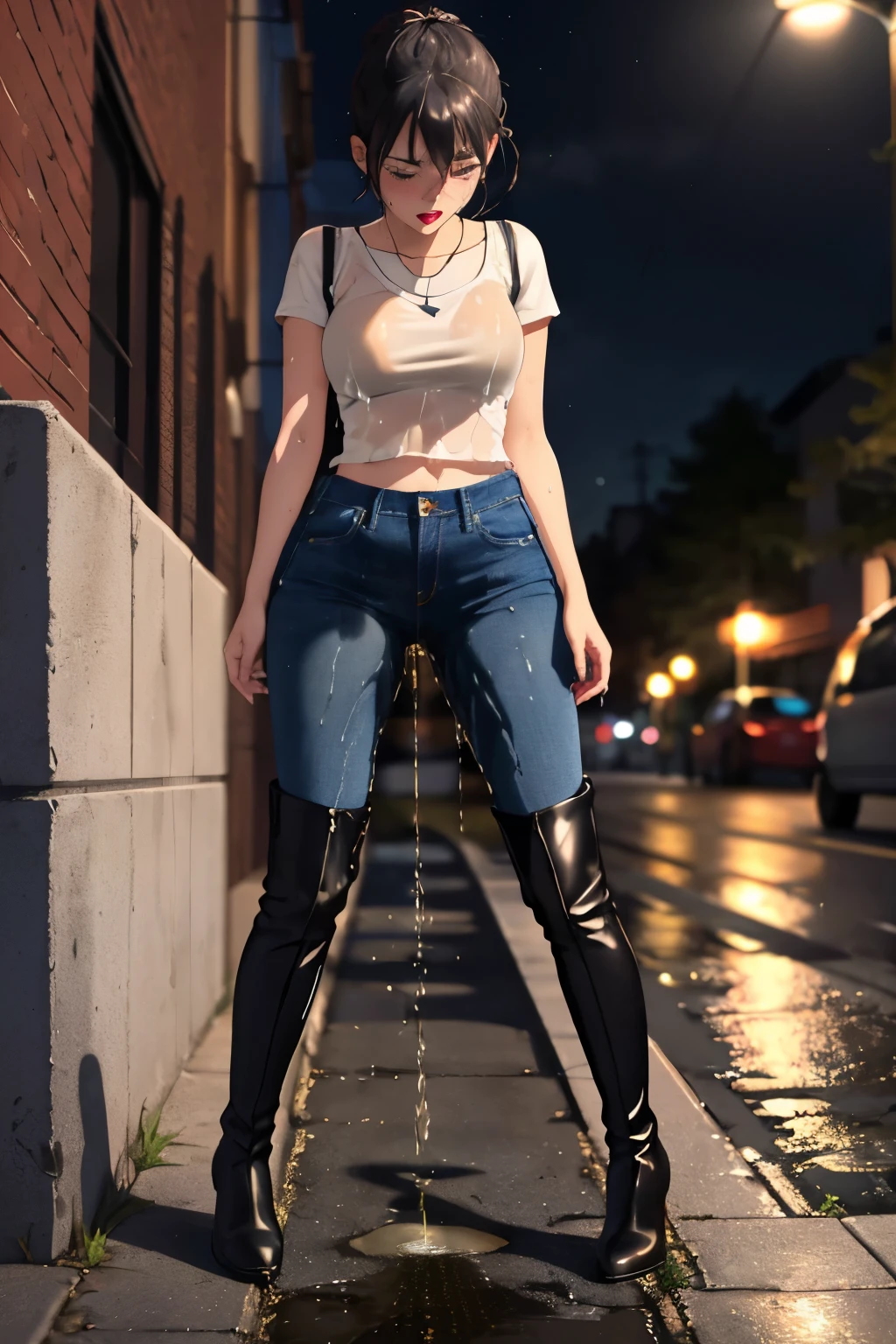 highres, beautiful women, high detail, good lighting, lewd, hentai, (no nudity), (((jeans))), ((tight leather top)), (((leather thigh high boots))), bare midriff, ((wet crotch)), (((peeing herself))), (((wetting herself))), ((((peeing self))), (pee streaming down legs), peeing stain, (puddle), (thick thighs), nice long legs, lipstick, detailed face, pretty face, hair tied up, embarrassed blushing face, humiliated, ((on sidewalk at night)), hihelz