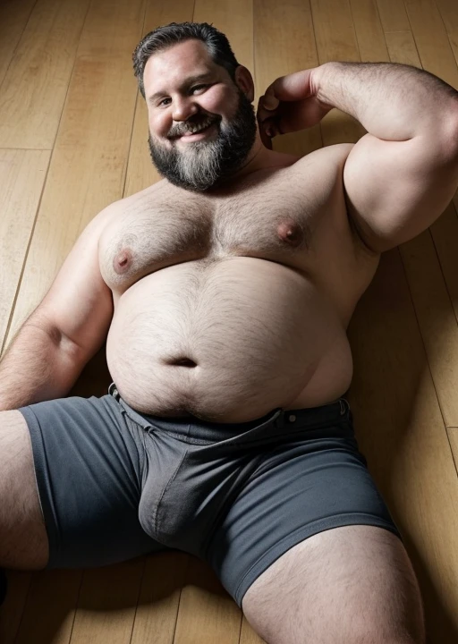 (handsome mature man plump chubby morbid extremely thick thighs bulging belly fat), older man, gray hair, white man, wearing , hairy chest, hairy belly,
mechanic overalls, bare overalls, gloves, , bulge, detailed glade on clothing, (fat and corpulent: 1.3), full beard very long, looking at the viewer, handsome man, detailed eyes, symmetrical face, mischievous smile, robust, mustache, longer hair, his body is lying sideways on the floor, front view. Fotografia de corpo inteiro fotografia de Corpo completo
