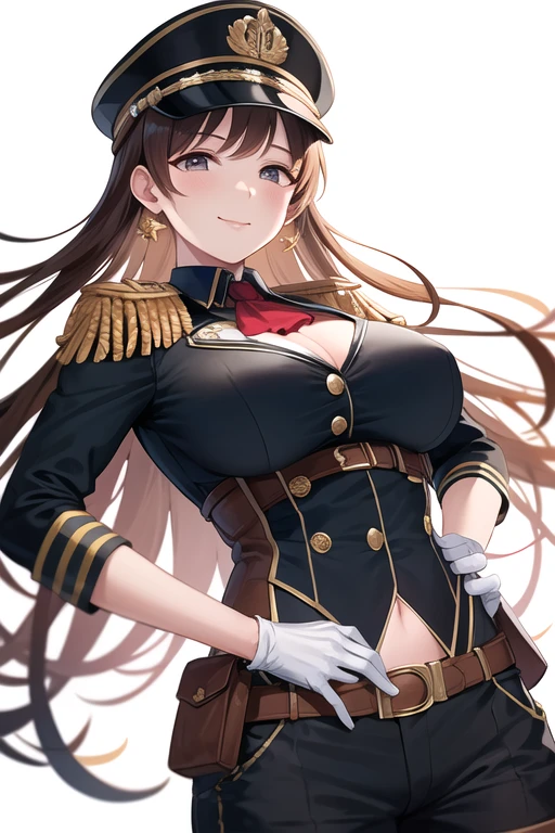 masterpiece, best quality, highres, aanitta, (very long hair), (black peaked cap), earrings, big breasts, cleavage, muscular body, military uniform, epaulettes, badges, (black shirt:1.2), (gold trim), (bulletproof vest), (red ascot), black sleeves, long sleeves, (black cargo pants), utility belt, (belt pouches), cargo pants, (white gloves), cowboy shot, standing, smile, closed mouth, facing the viewer, looking at the viewer, (simple white background)
