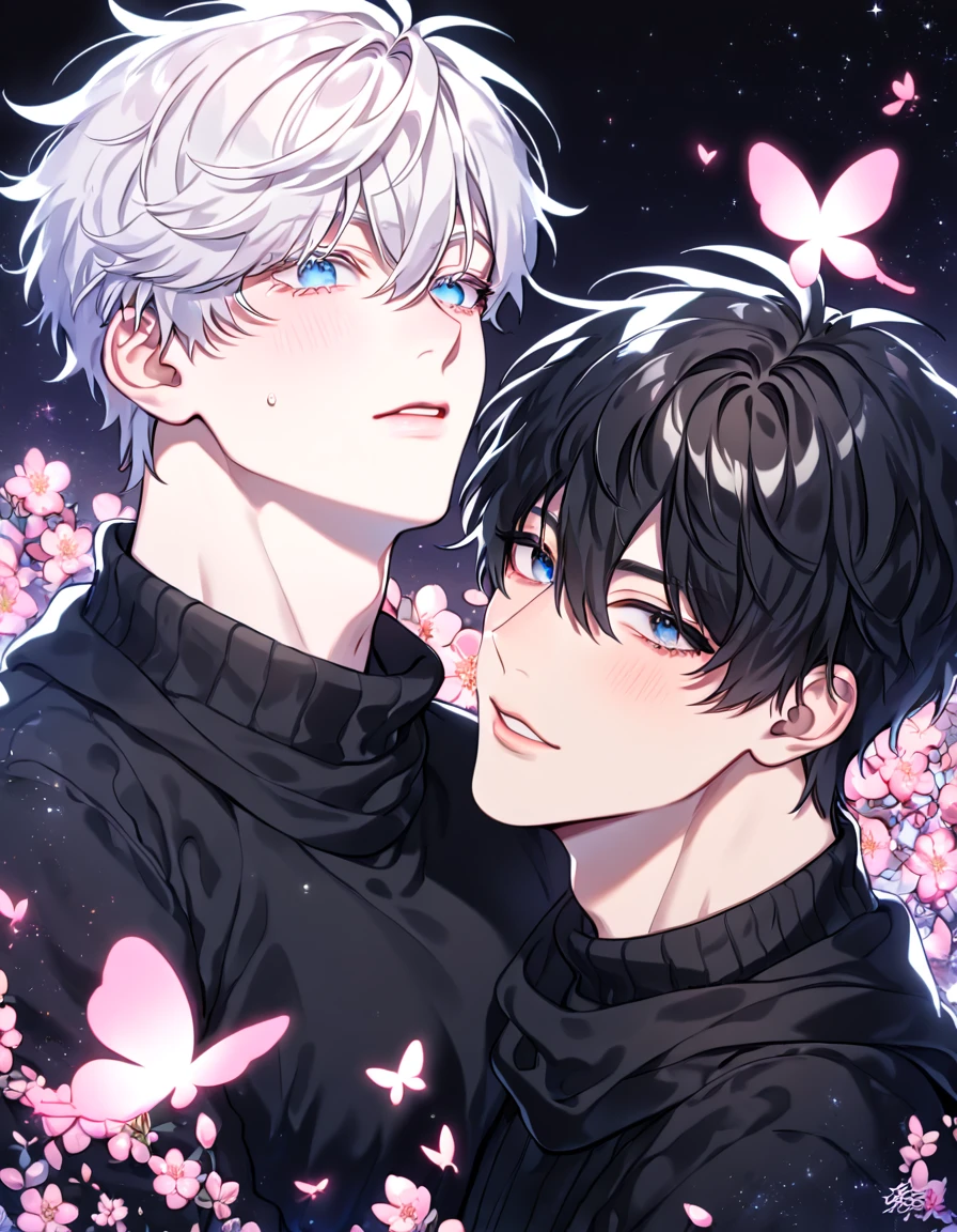absurdres, highres, ultra detailed, HDR, master piece, best quality, extremely detailed face, delicated features, Kang Woojin, black hair, messy hair, expressive dark blue eyes, Love Jinx, Gojou Satoru, white hair, expressive blue eyes, white eyelashes, two sexy men together, gay couple, yaoi, handsome, black coat, black sweater, black scarf, fantasy, magical, radiant, blossoms, pink flowers, pink butterflies, starry night, shining pink moon