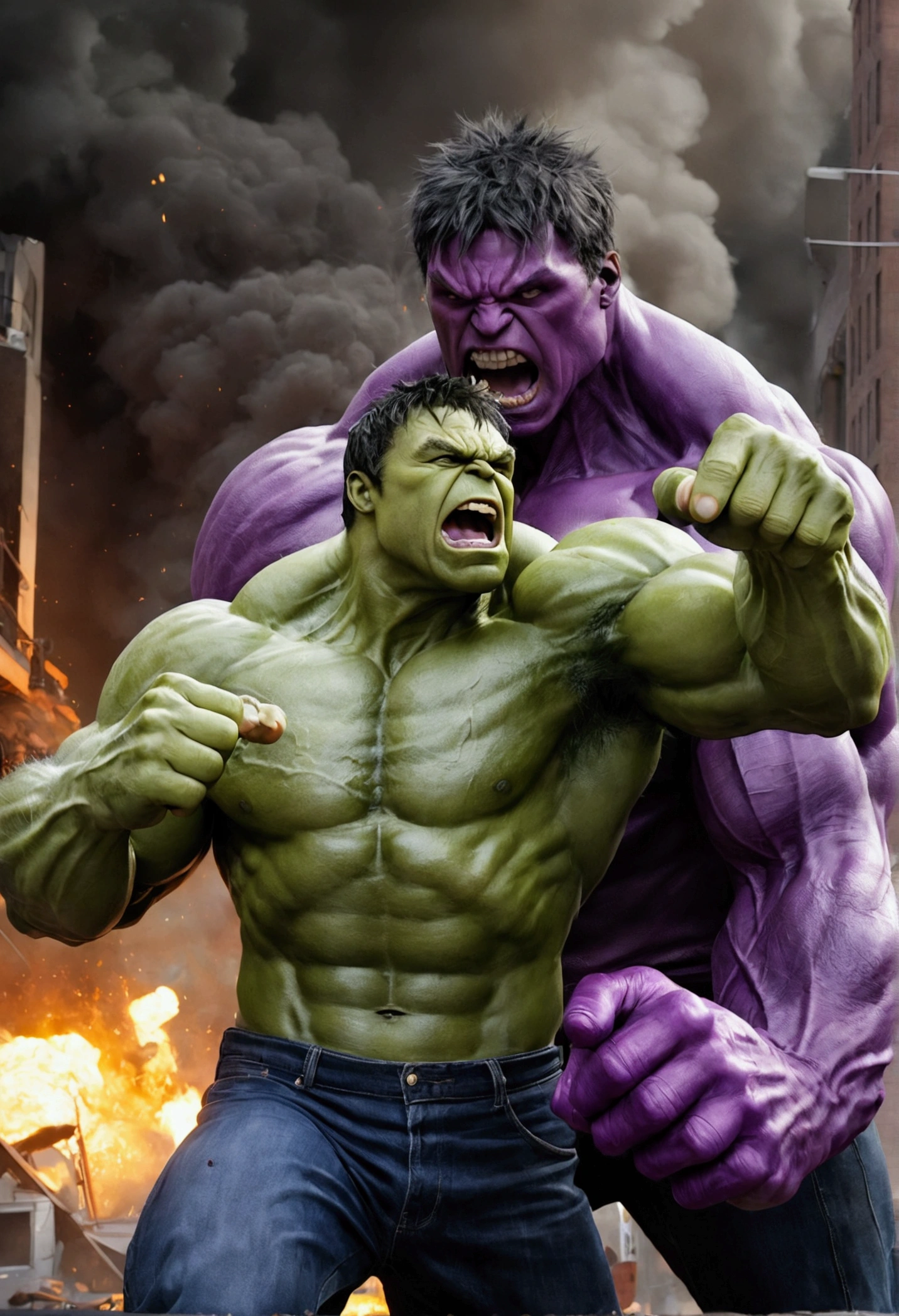 The incredible hulk punches a purple villain who explodes intoslime