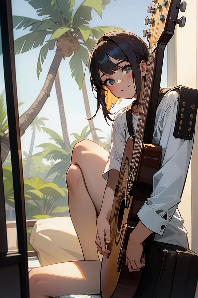 1 girl, sitting down with an acoustic guitar, background inside a house sitting behind a window that shows LA with palm trees, she is facing towards you, looking towards you, with a big smile,