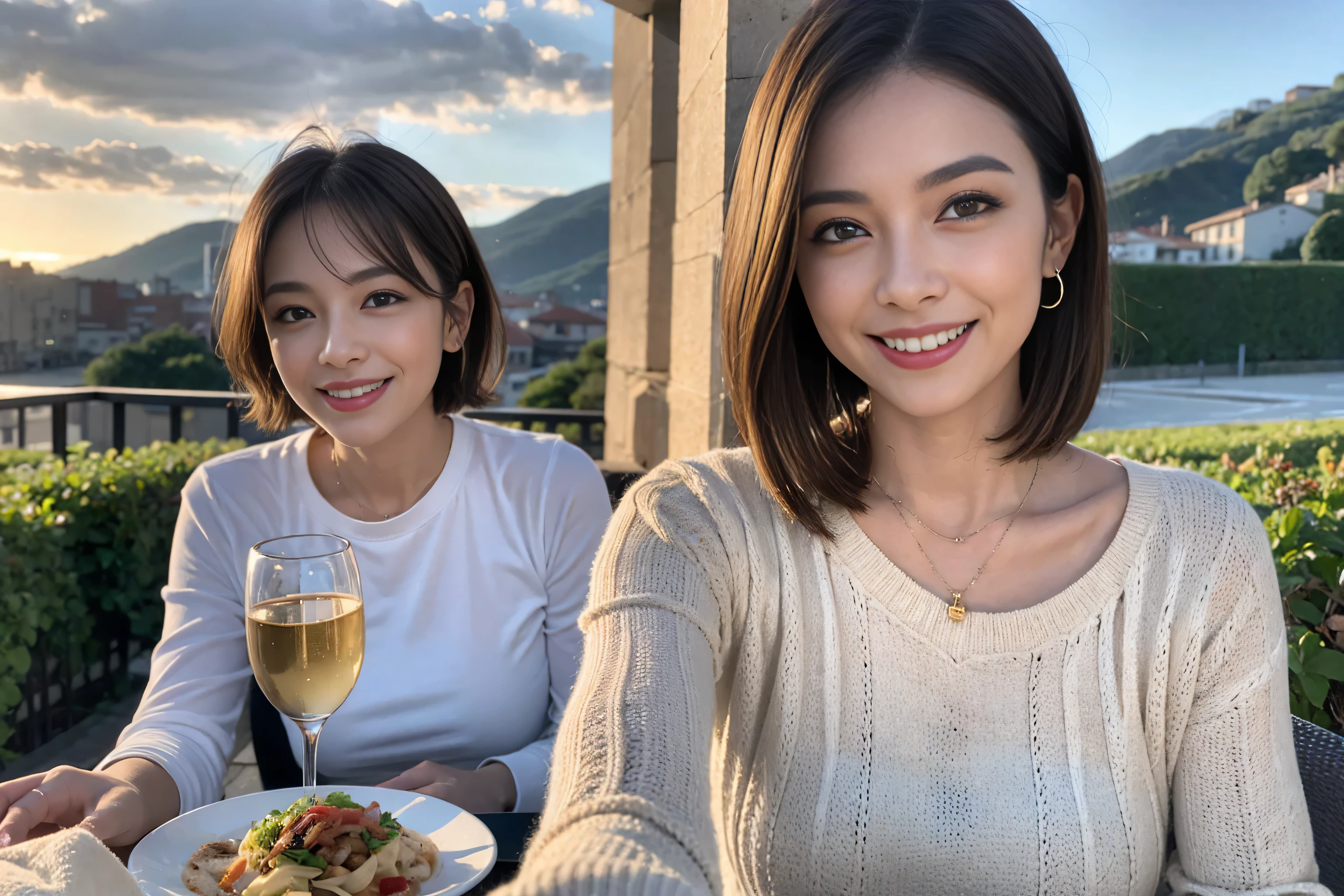 (Realistic:1.1),(masterpiece,Highest quality),8k,(49 years old), 53 years old, slimカップル、Tight waist,Upper Body,full-course dinner、wine 、Amazing view of the sunset sky and clouds、Perfect Anatomy, Brown Hair, short hair,Random Hairstyles,((Highly detailed face and eyes:1.2)),Perfect golden ratio face,Long sleeve shirt、dress,(smile:1.2)、Shortcuts、cute、(Realistic, Intricate details:1.2), A bright smile、short hair,Bright Face、赤wine 、Appetizers、Italian food、wine bottle、Champagne、スパークリングwine、(slimな顔), (The body is slim), (Brown Hair), (Shortcuts), Upper Body, 白wine, slim, wineグラス,