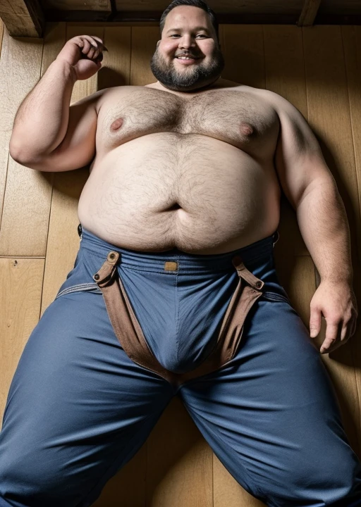 (handsome mature man plump chubby morbid extremely thick thighs bulging belly fat), older man, gray hair, white man, wearing , hairy chest, hairy belly,
mechanic overalls, bare overalls, gloves, , bulge, detailed glade on clothing, (fat and corpulent: 1.3), full beard very long, looking at the viewer, handsome man, detailed eyes, symmetrical face, mischievous smile, robust, mustache, longer hair, his body is lying sideways on the floor, front view. Fotografia de corpo inteiro fotografia de Corpo completo 