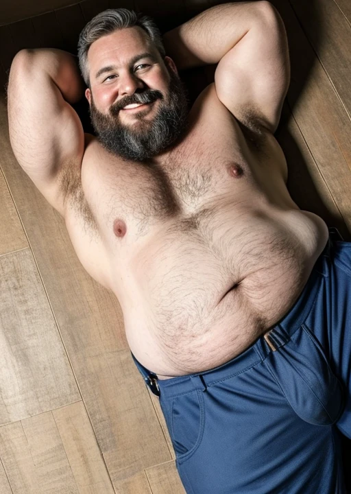 (handsome mature man plump chubby morbid extremely thick thighs bulging belly fat), older man, gray hair, white man, wearing , hairy chest, hairy belly,
mechanic overalls, bare overalls, gloves, , bulge, detailed glade on clothing, (fat and corpulent: 1.3), full beard very long, looking at the viewer, handsome man, detailed eyes, symmetrical face, mischievous smile, robust, mustache, longer hair, his body is lying sideways on the floor, front view. Fotografia de corpo inteiro fotografia de Corpo completo 